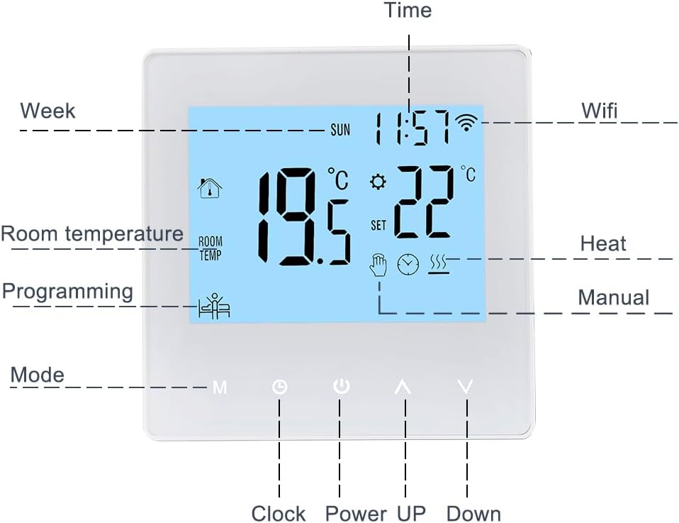 Aoresac Thermostat Smart Tuya WiFi Thermostat 16A Digital Programmable LCD Display Underfloor Heating Temperature Controller Digital Intelligent Wall Thermostat for Electric Heating - Image 3