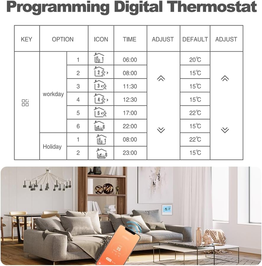 Aoresac Thermostat Smart Tuya WiFi Thermostat 16A Digital Programmable LCD Display Underfloor Heating Temperature Controller Digital Intelligent Wall Thermostat for Electric Heating - Image 9