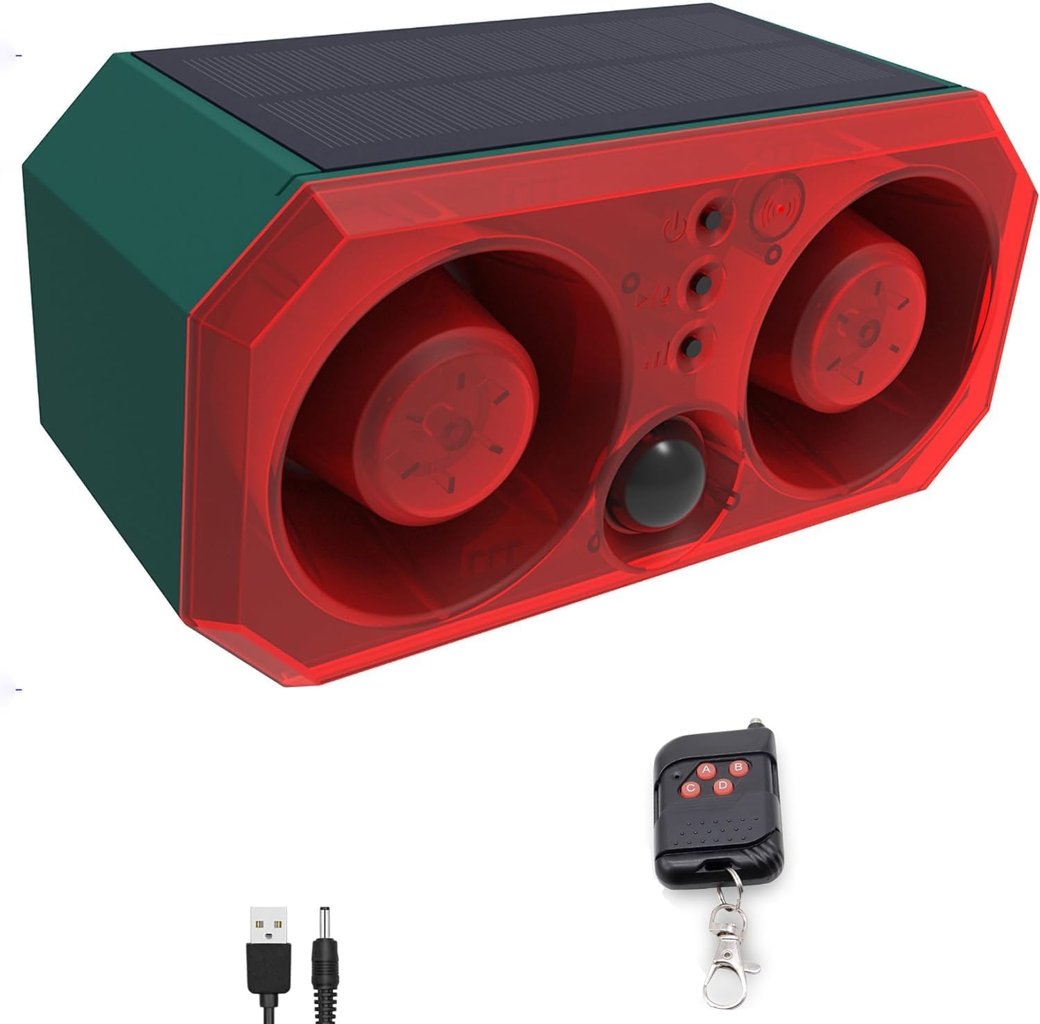 Solar Outdoor Motion Sensor Alarm: Barking Dog Sound Alarm with 2 * 130db Noise Maker, 4 Work Modes, Dog Barking Gunshot Alarm Support Recording and ± Adjust Volume for for Home Security, USB Charge - Image 2