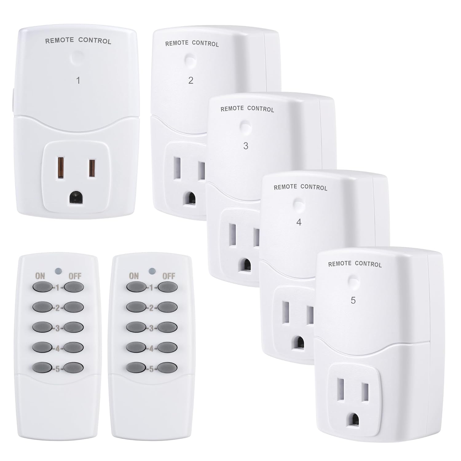 BN-LINK Mini Wireless Remote Control Outlet Switch Power Plug in for Household Appliances, Wireless Remote Light Switch, LED Light Bulbs, White (2 Remotes + 5 Outlets) 1250W/10A - Image 2