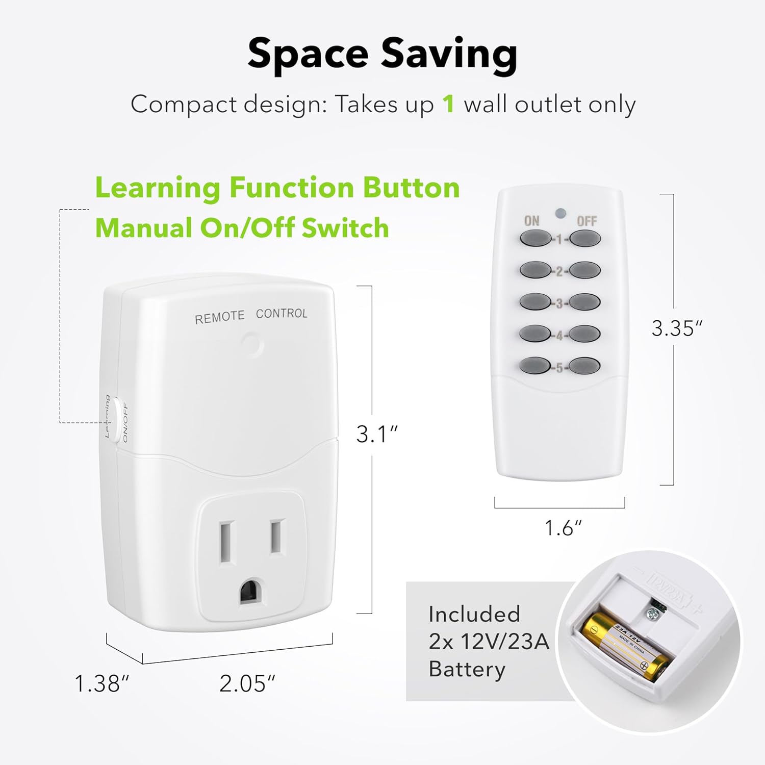 BN-LINK Mini Wireless Remote Control Outlet Switch Power Plug in for Household Appliances, Wireless Remote Light Switch, LED Light Bulbs, White (2 Remotes + 5 Outlets) 1250W/10A - Image 7