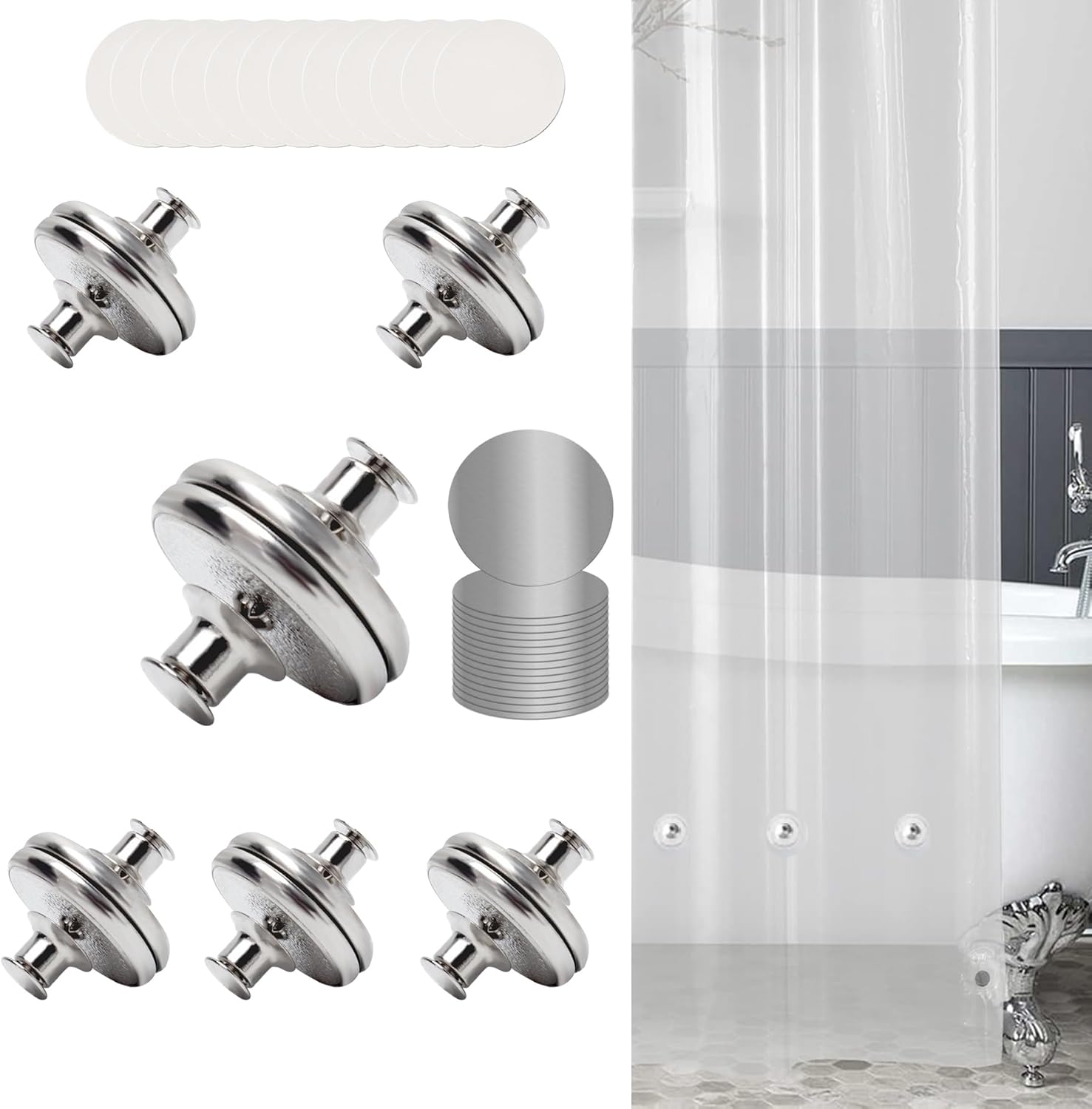 12 Pcs Magnets Shower Curtain Weights, Strong Shower Magnets Attach Shower Liner to Bathtub Bottom and Stop Shower Curtain Blowing in with 16 Self-Adhesive Patches - Image 2