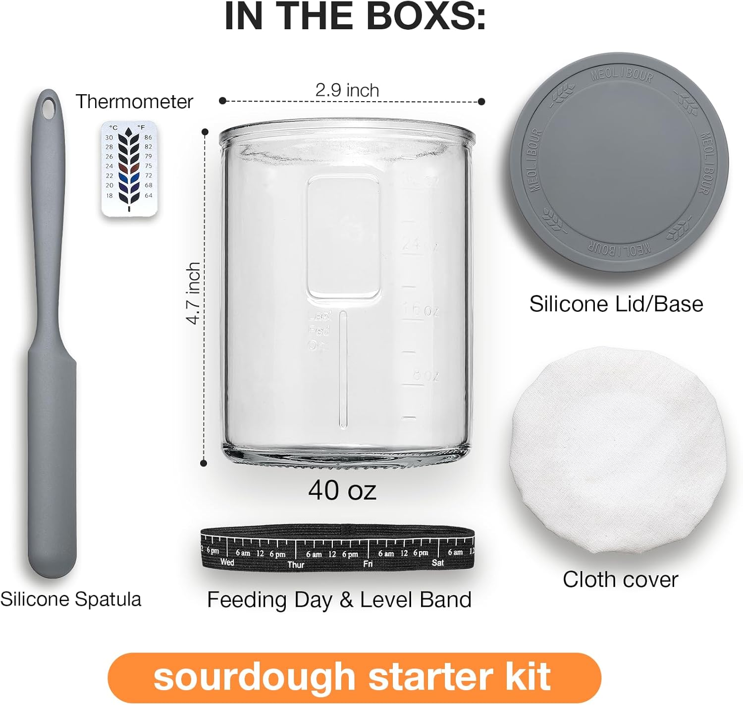 Premium Pro Sourdough Starter Jar Kit - 40oz Large Wide Mouth Sourdough Bread Jar with Marked Feeding Band, Thermometer, Scraper, Cloth Cover and Silicone Lid/Base, Glass Container, Baking Supplies - Image 3