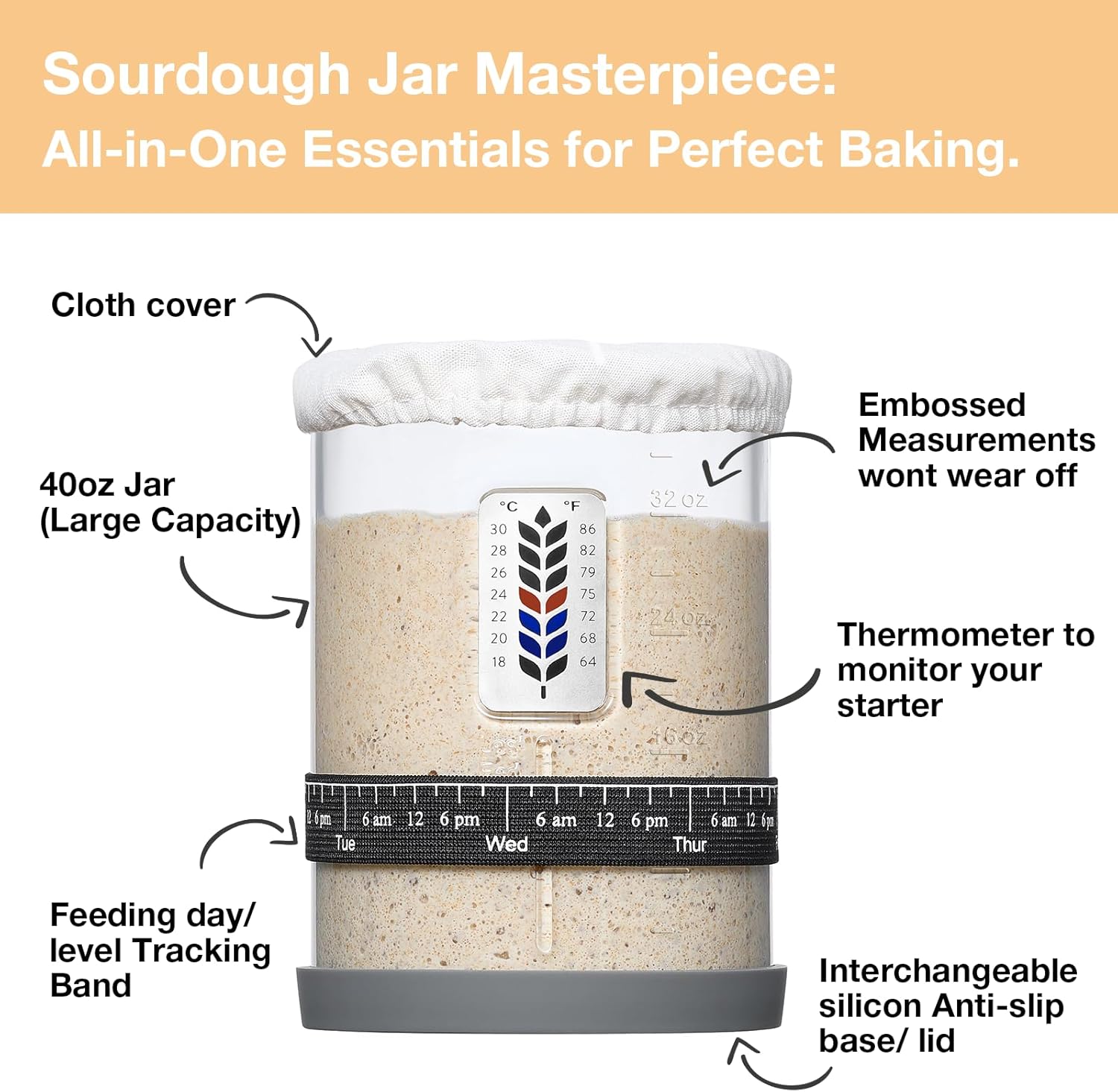 Premium Pro Sourdough Starter Jar Kit - 40oz Large Wide Mouth Sourdough Bread Jar with Marked Feeding Band, Thermometer, Scraper, Cloth Cover and Silicone Lid/Base, Glass Container, Baking Supplies - Image 4