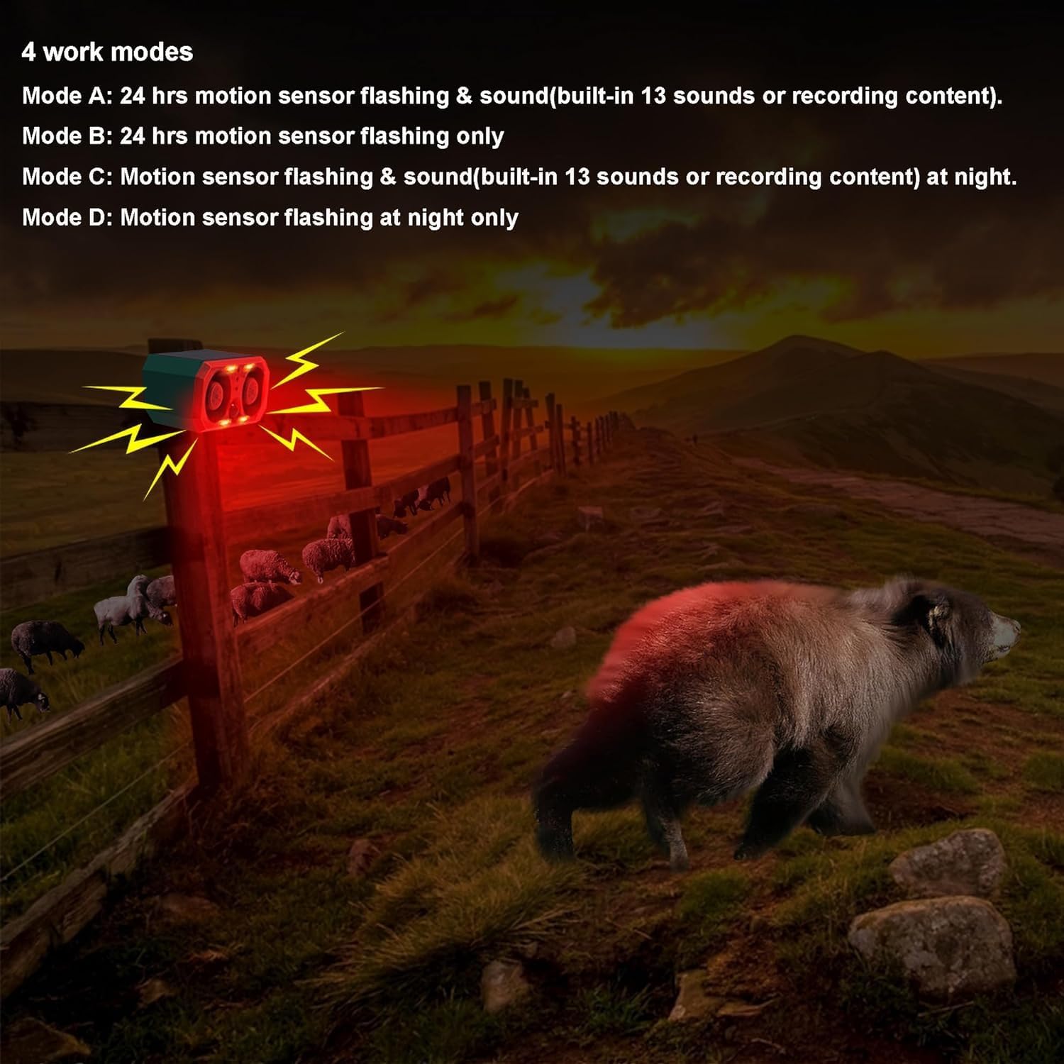 Solar Outdoor Motion Sensor Alarm: Barking Dog Sound Alarm with 2 * 130db Noise Maker, 4 Work Modes, Dog Barking Gunshot Alarm Support Recording and ± Adjust Volume for for Home Security, USB Charge - Image 3