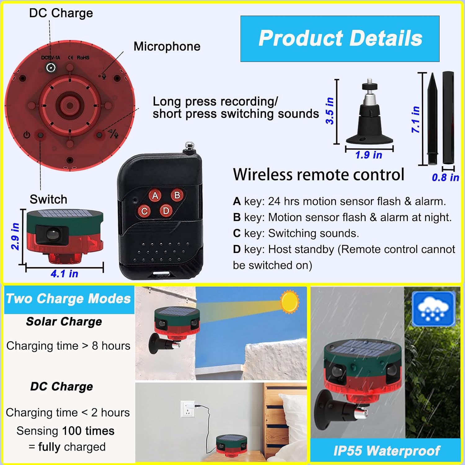 Solar Outdoor Motion Sensor Alarm, 360° Motion Detector Alarm with 130db Security Siren Support Recording, 13 Sounds Dual Modes Solar Alarm Strobe Light for Home & Farm - Image 6