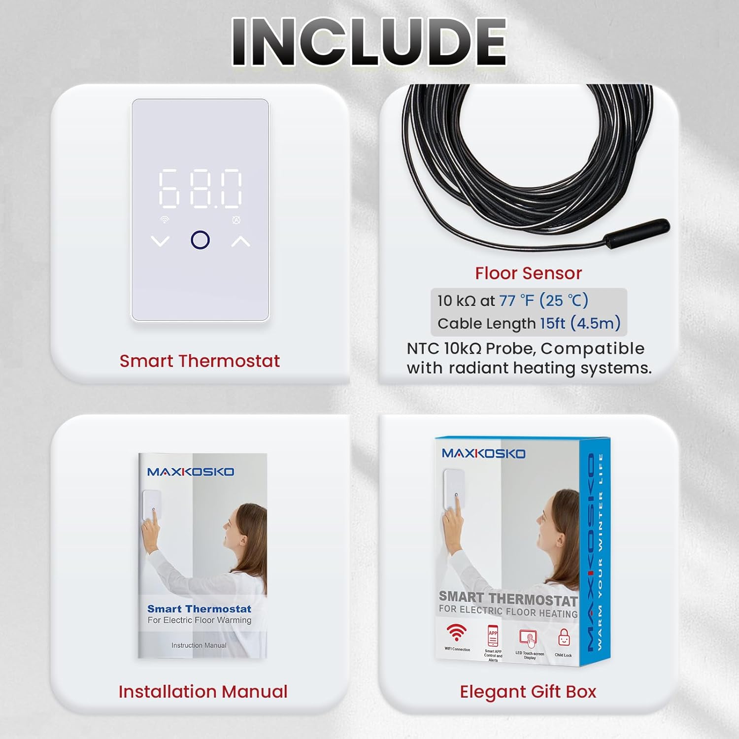 MAXKOSKO WiFi Smart Thermostat for Electric Floor Warming System with Touchscreen LED Display 120V/240V, Easy Connection & Energy Saving Home Programmable Thermostat White - Image 10