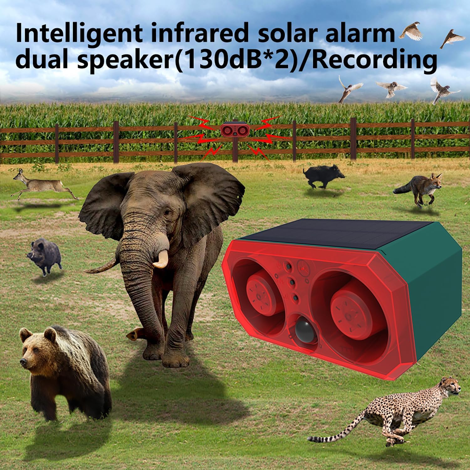 Solar Outdoor Motion Sensor Alarm: Barking Dog Sound Alarm with 2 * 130db Noise Maker, 4 Work Modes, Dog Barking Gunshot Alarm Support Recording and ± Adjust Volume for for Home Security, USB Charge - Image 4