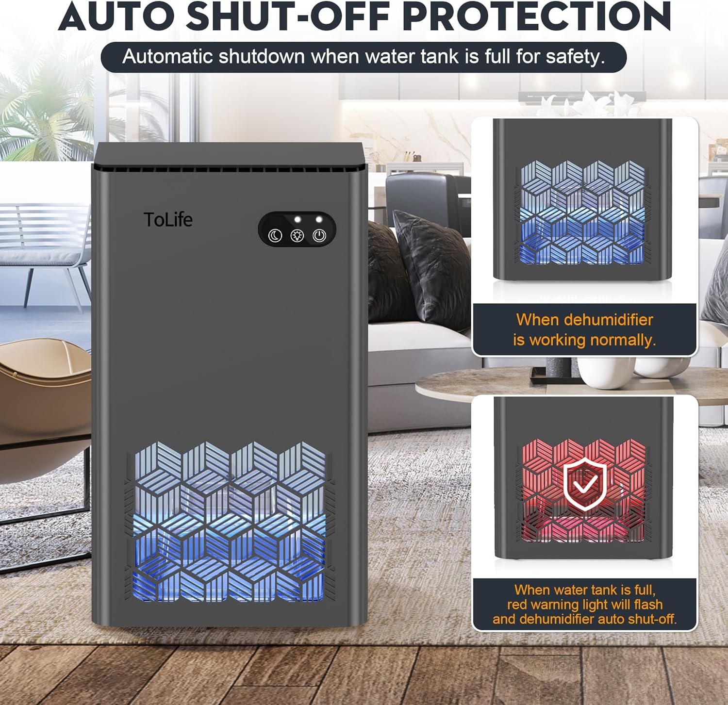 ToLife Dehumidifiers for Home 95 OZ Water Tank, 1000 sq.ft Dehumidifier for Basement Bedroom Bathroom with Auto Shut Off 7 Colors LED Light,Grey - Image 7