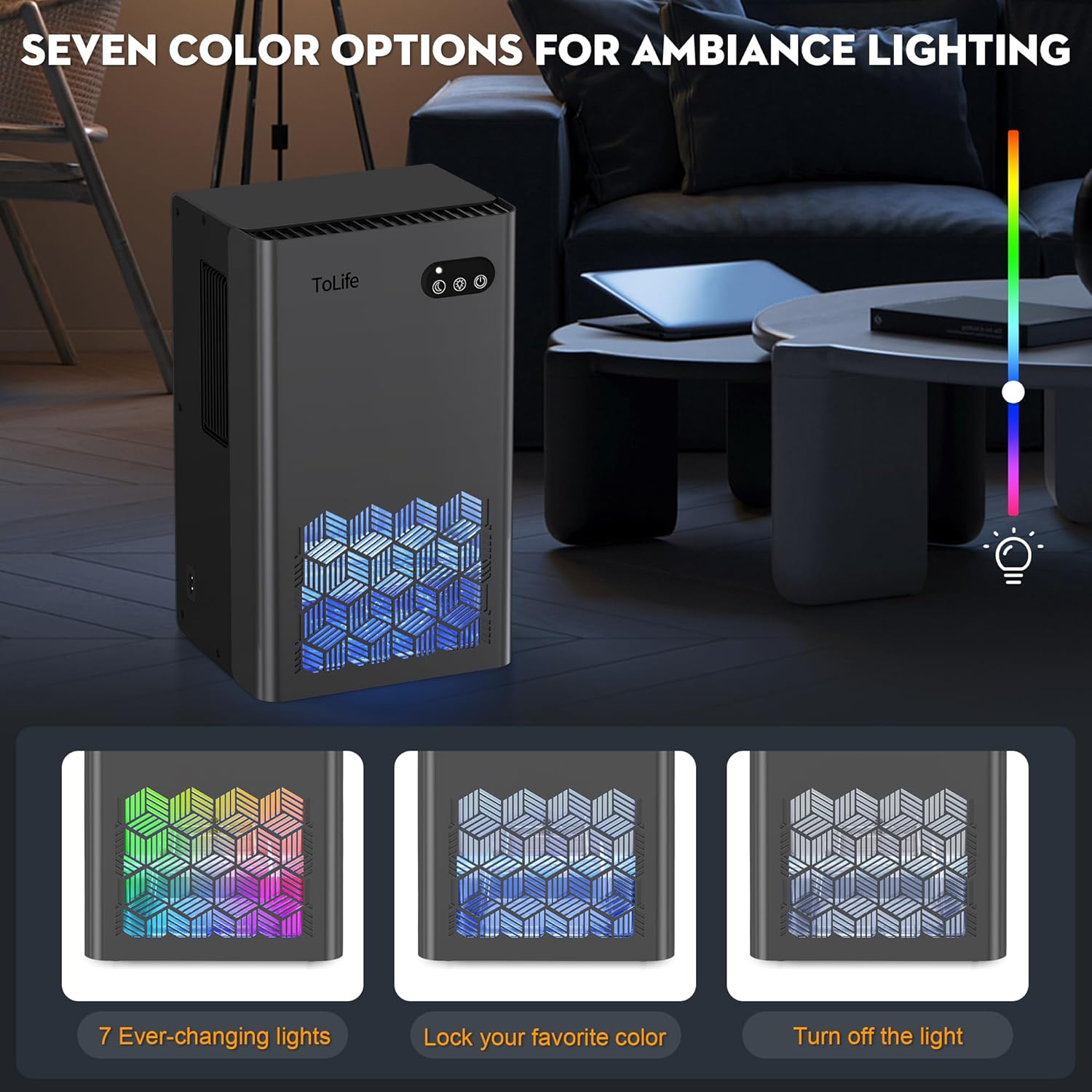 ToLife Dehumidifiers for Home 95 OZ Water Tank, 1000 sq.ft Dehumidifier for Basement Bedroom Bathroom with Auto Shut Off 7 Colors LED Light,Grey - Image 6