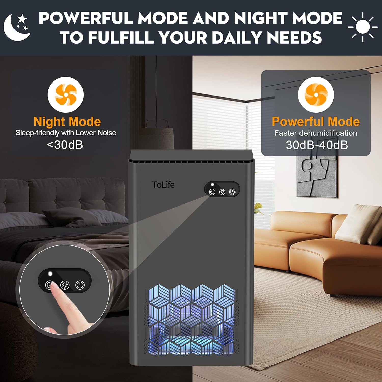 ToLife Dehumidifiers for Home 95 OZ Water Tank, 1000 sq.ft Dehumidifier for Basement Bedroom Bathroom with Auto Shut Off 7 Colors LED Light,Grey - Image 5