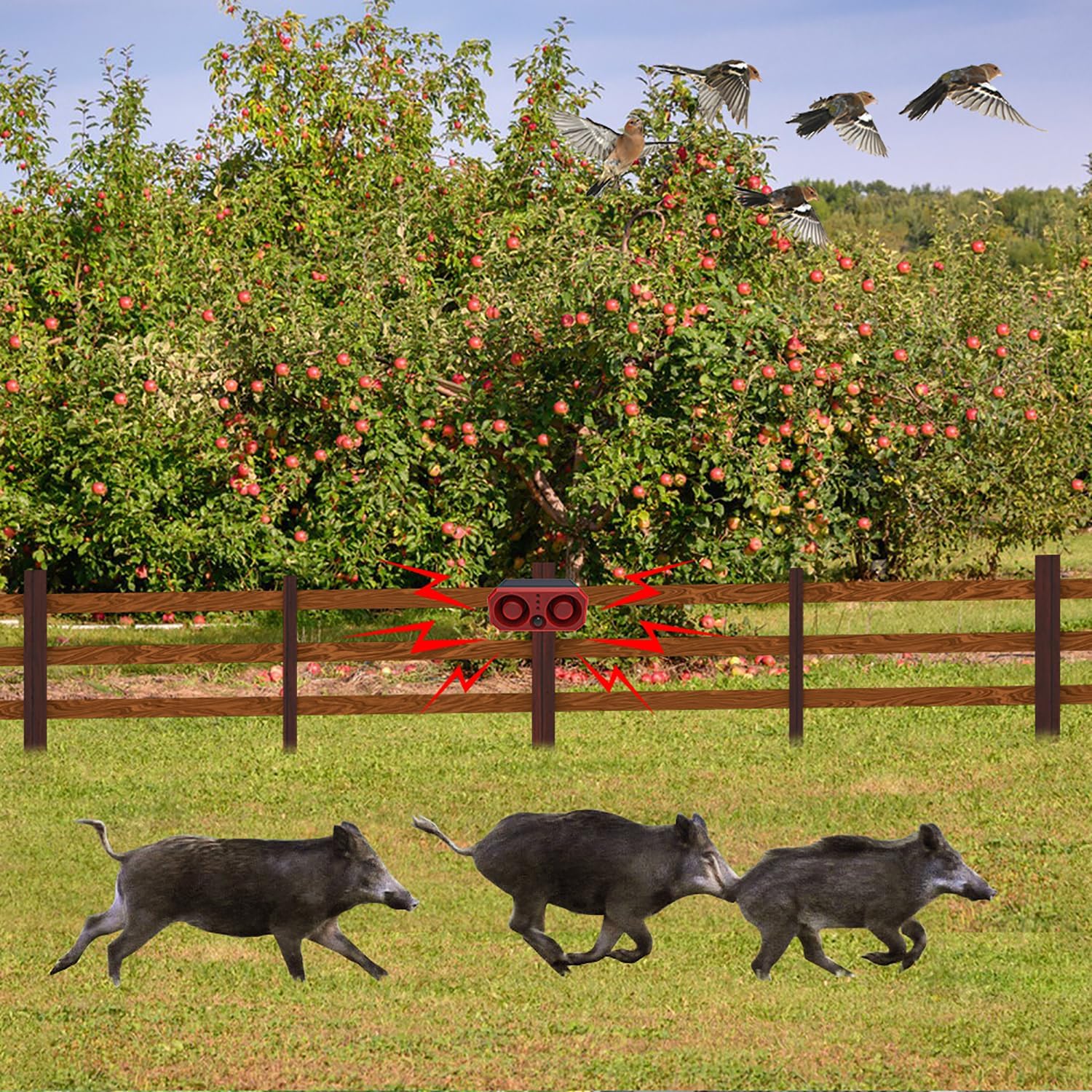 Solar Outdoor Motion Sensor Alarm: Barking Dog Sound Alarm with 2 * 130db Noise Maker, 4 Work Modes, Dog Barking Gunshot Alarm Support Recording and ± Adjust Volume for for Home Security, USB Charge - Image 7