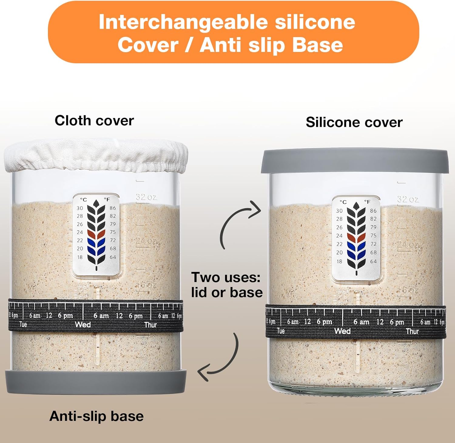 Premium Pro Sourdough Starter Jar Kit - 40oz Large Wide Mouth Sourdough Bread Jar with Marked Feeding Band, Thermometer, Scraper, Cloth Cover and Silicone Lid/Base, Glass Container, Baking Supplies - Image 7