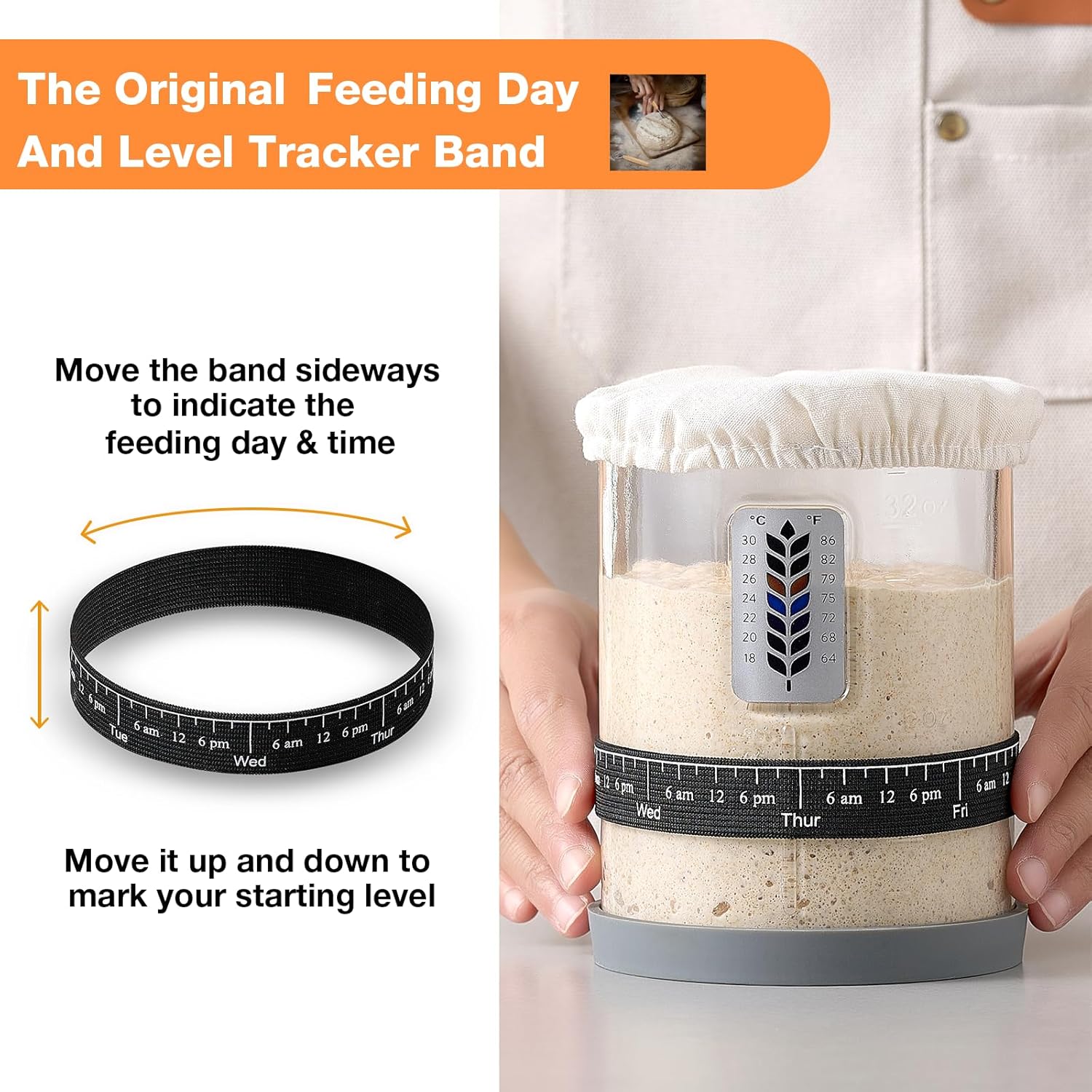 Premium Pro Sourdough Starter Jar Kit - 40oz Large Wide Mouth Sourdough Bread Jar with Marked Feeding Band, Thermometer, Scraper, Cloth Cover and Silicone Lid/Base, Glass Container, Baking Supplies - Image 5