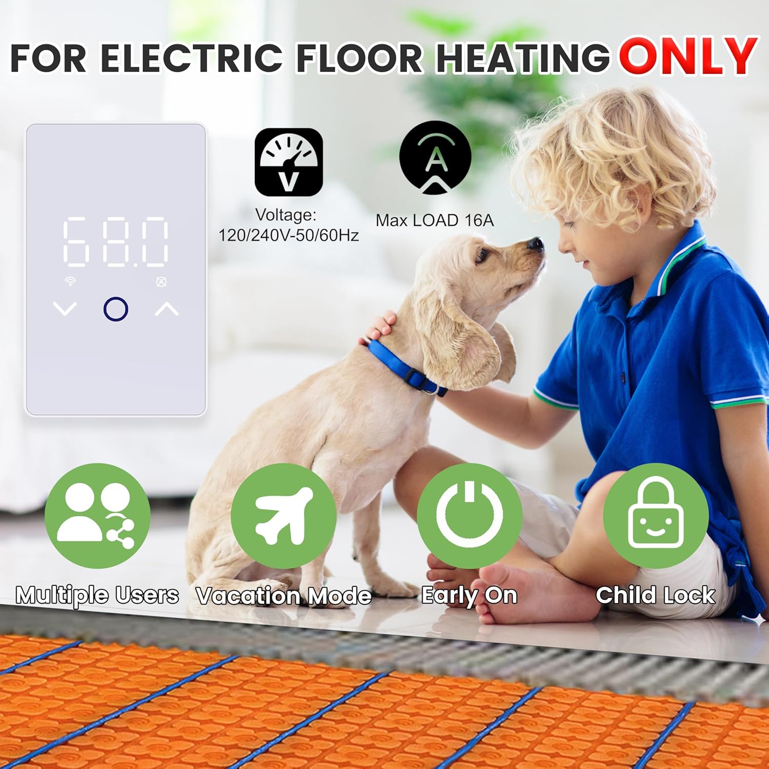 MAXKOSKO WiFi Smart Thermostat for Electric Floor Warming System with Touchscreen LED Display 120V/240V, Easy Connection & Energy Saving Home Programmable Thermostat White - Image 3