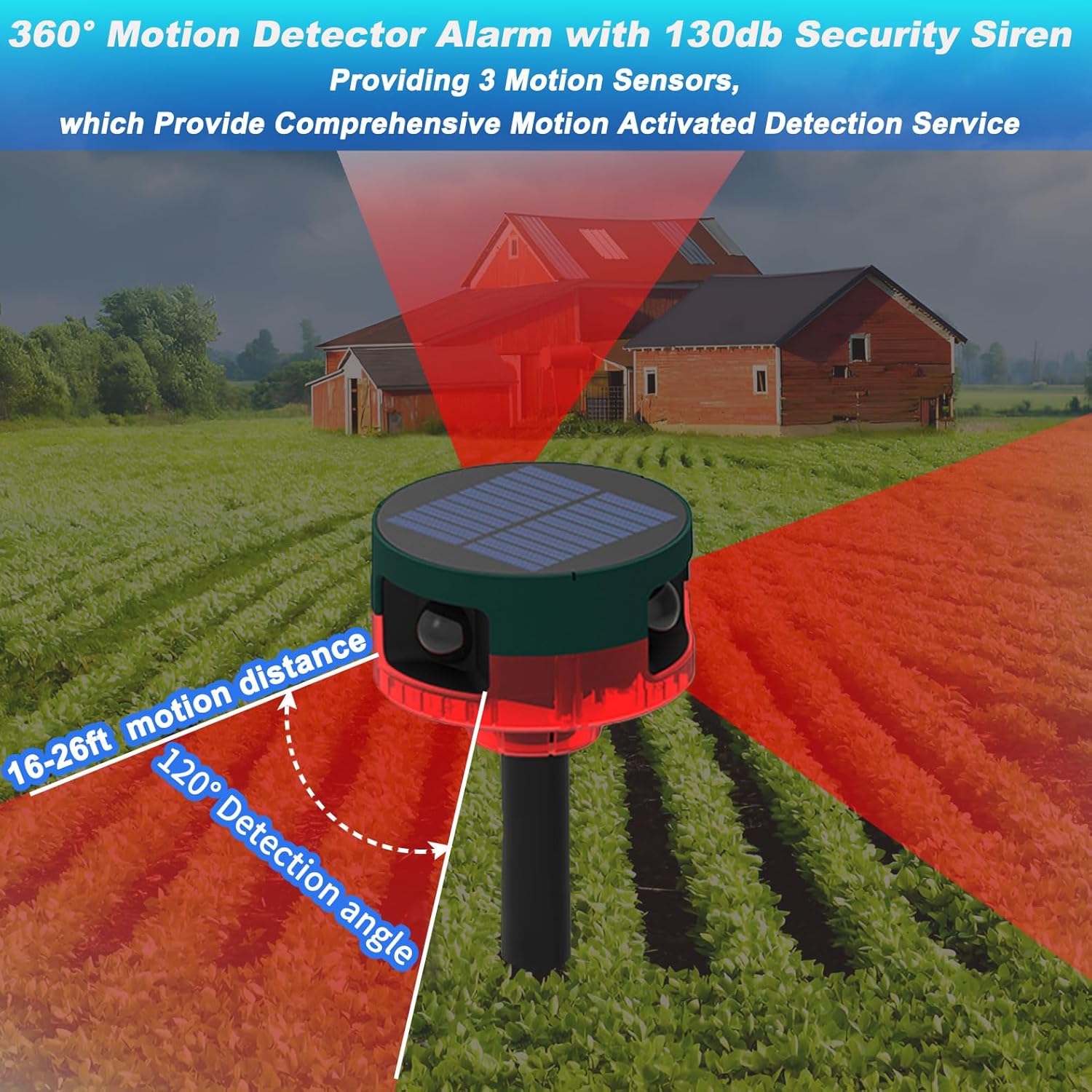 Solar Outdoor Motion Sensor Alarm, 360° Motion Detector Alarm with 130db Security Siren Support Recording, 13 Sounds Dual Modes Solar Alarm Strobe Light for Home & Farm - Image 3