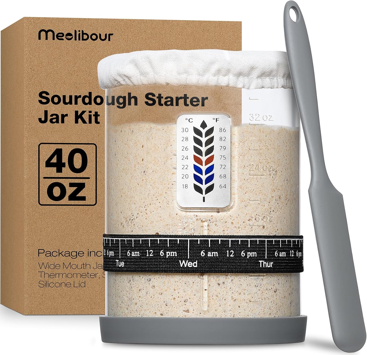 Premium Pro Sourdough Starter Jar Kit - 40oz Large Wide Mouth Sourdough Bread Jar with Marked Feeding Band, Thermometer, Scraper, Cloth Cover and Silicone Lid/Base, Glass Container, Baking Supplies - Image 2