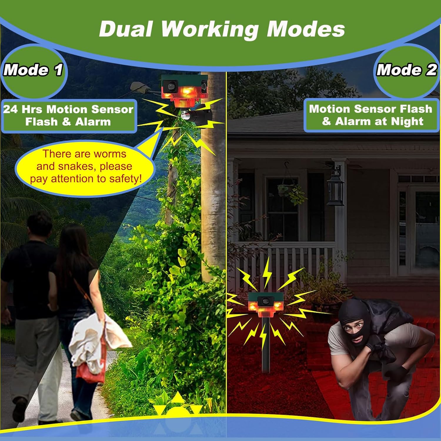 Solar Outdoor Motion Sensor Alarm, 360° Motion Detector Alarm with 130db Security Siren Support Recording, 13 Sounds Dual Modes Solar Alarm Strobe Light for Home & Farm - Image 4