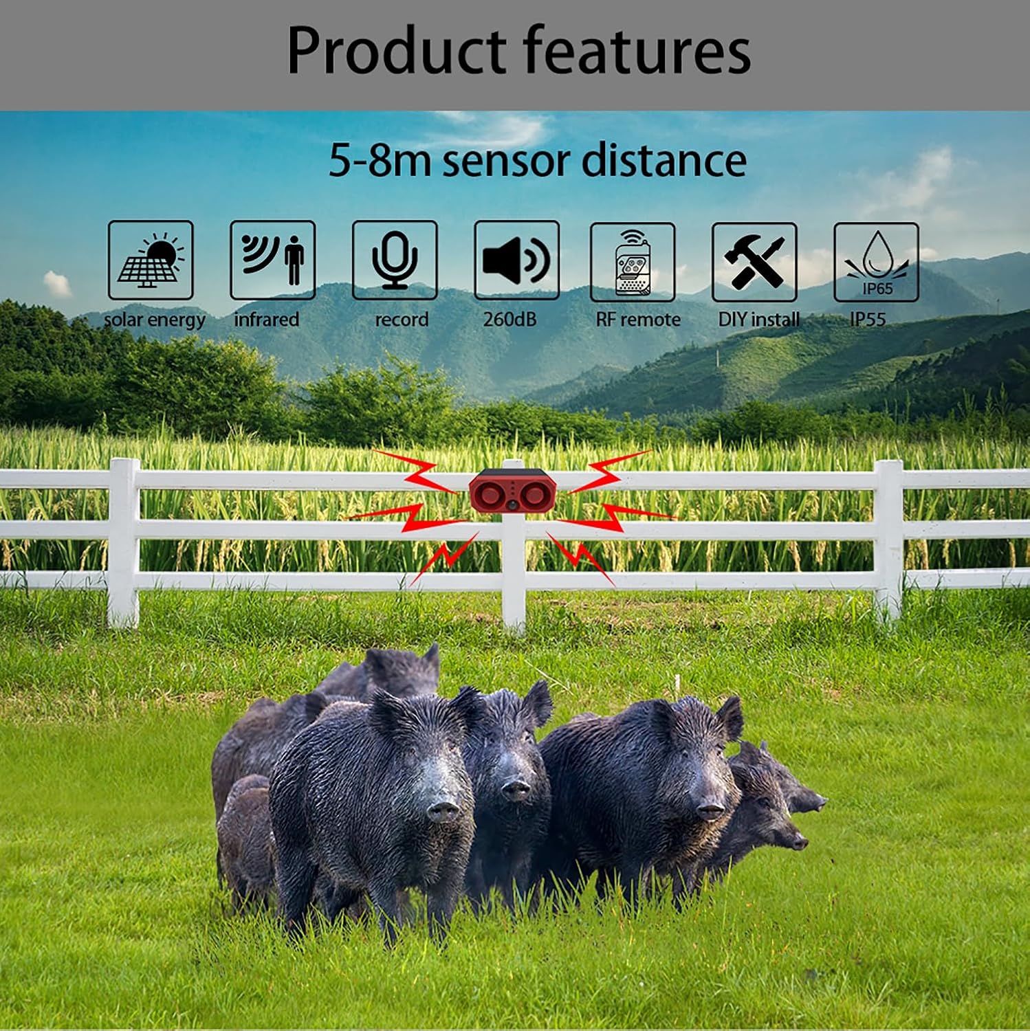 Solar Outdoor Motion Sensor Alarm: Barking Dog Sound Alarm with 2 * 130db Noise Maker, 4 Work Modes, Dog Barking Gunshot Alarm Support Recording and ± Adjust Volume for for Home Security, USB Charge - Image 5