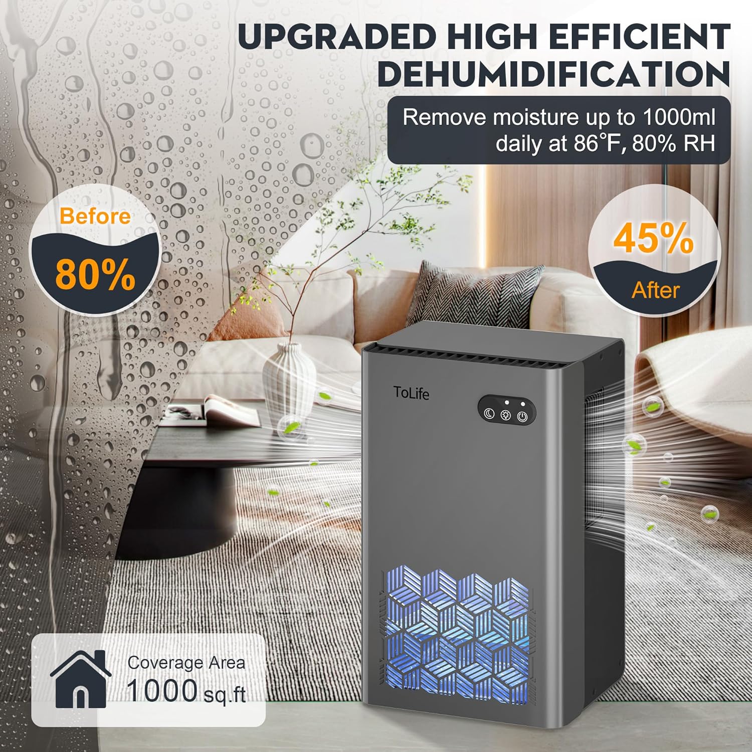 ToLife Dehumidifiers for Home 95 OZ Water Tank, 1000 sq.ft Dehumidifier for Basement Bedroom Bathroom with Auto Shut Off 7 Colors LED Light,Grey - Image 3